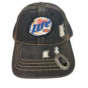 Miller Lite Snapback Hat Black One Size Adjustable‎ Distressed Bottle Opener